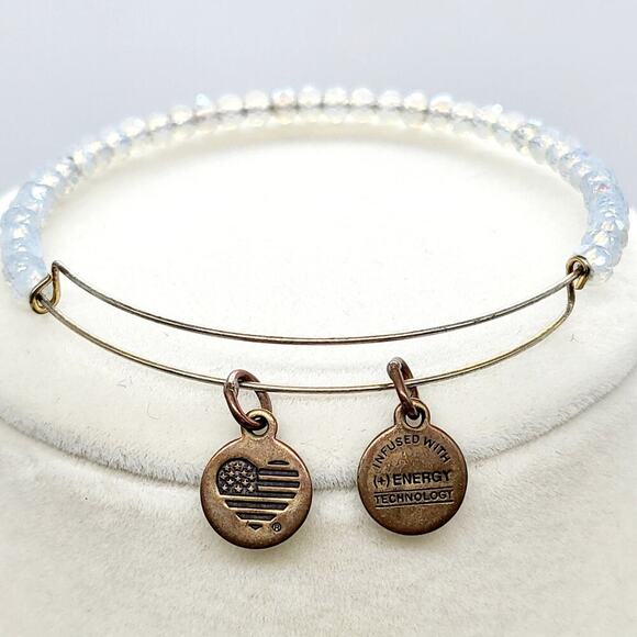 Alex and Ani American Flag Heart Charm Beaded Bangle Expandable Wire Bracelet - Picture 3 of 5